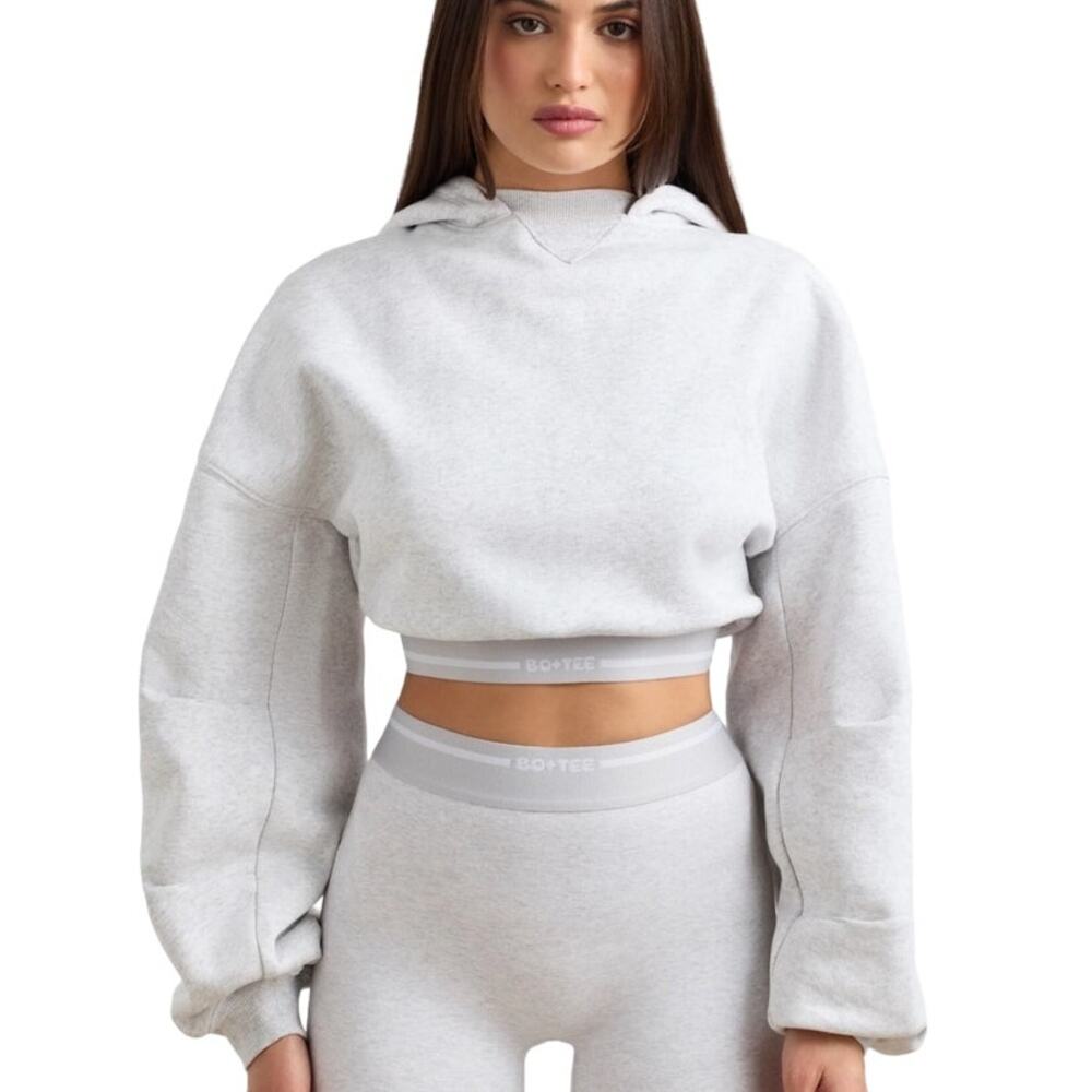 Oh Polly Bo + Tee Cropped Hoodie in Grey Marl Grey/White L/XL